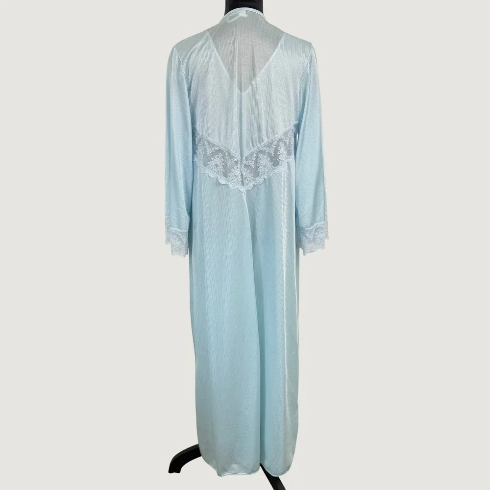 Vintage Nylon Peignoir Set Nightgown Robe Womens Medium Blue Lace Trim Ethereal